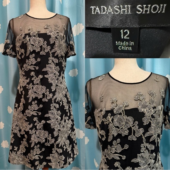 Tadashi Shoji lace gold appliqué sheer black dress- 12 - Picture 2 of 7